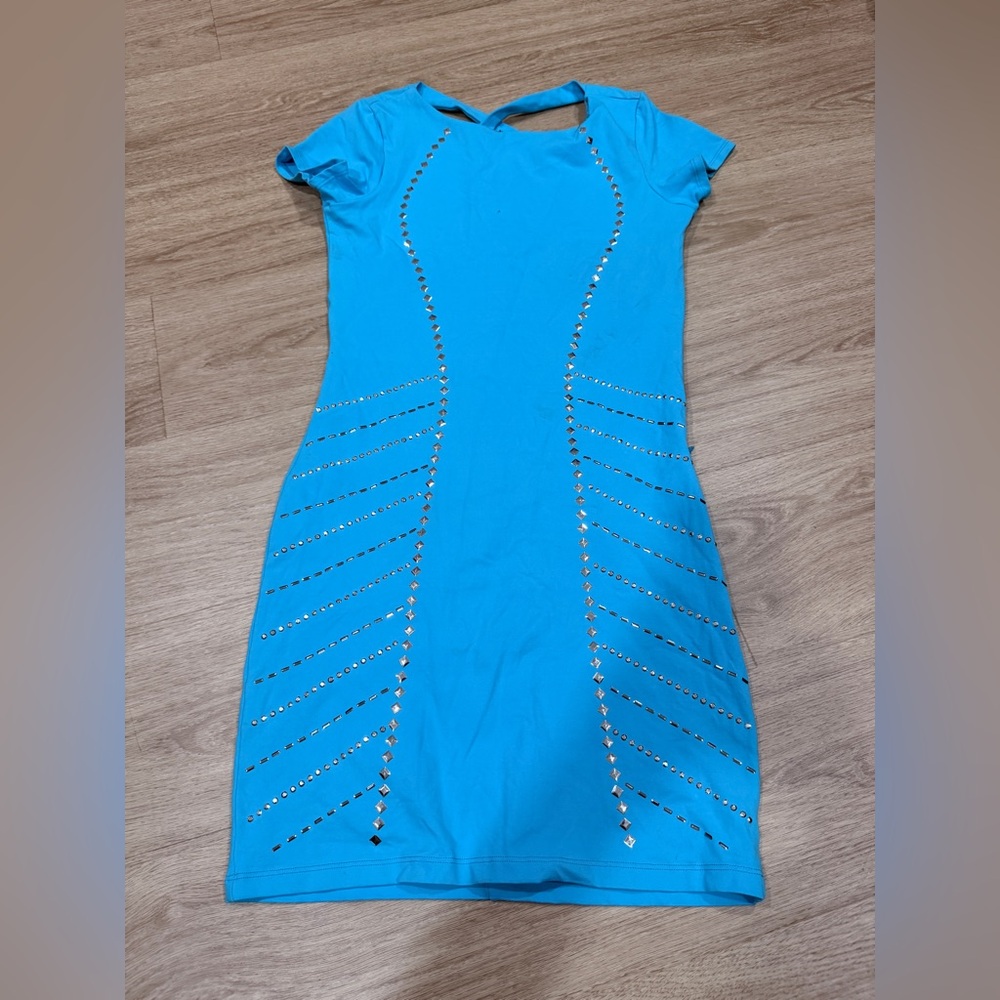 bebe Turquoise Studded Short-Sleeve Bodycon Dress